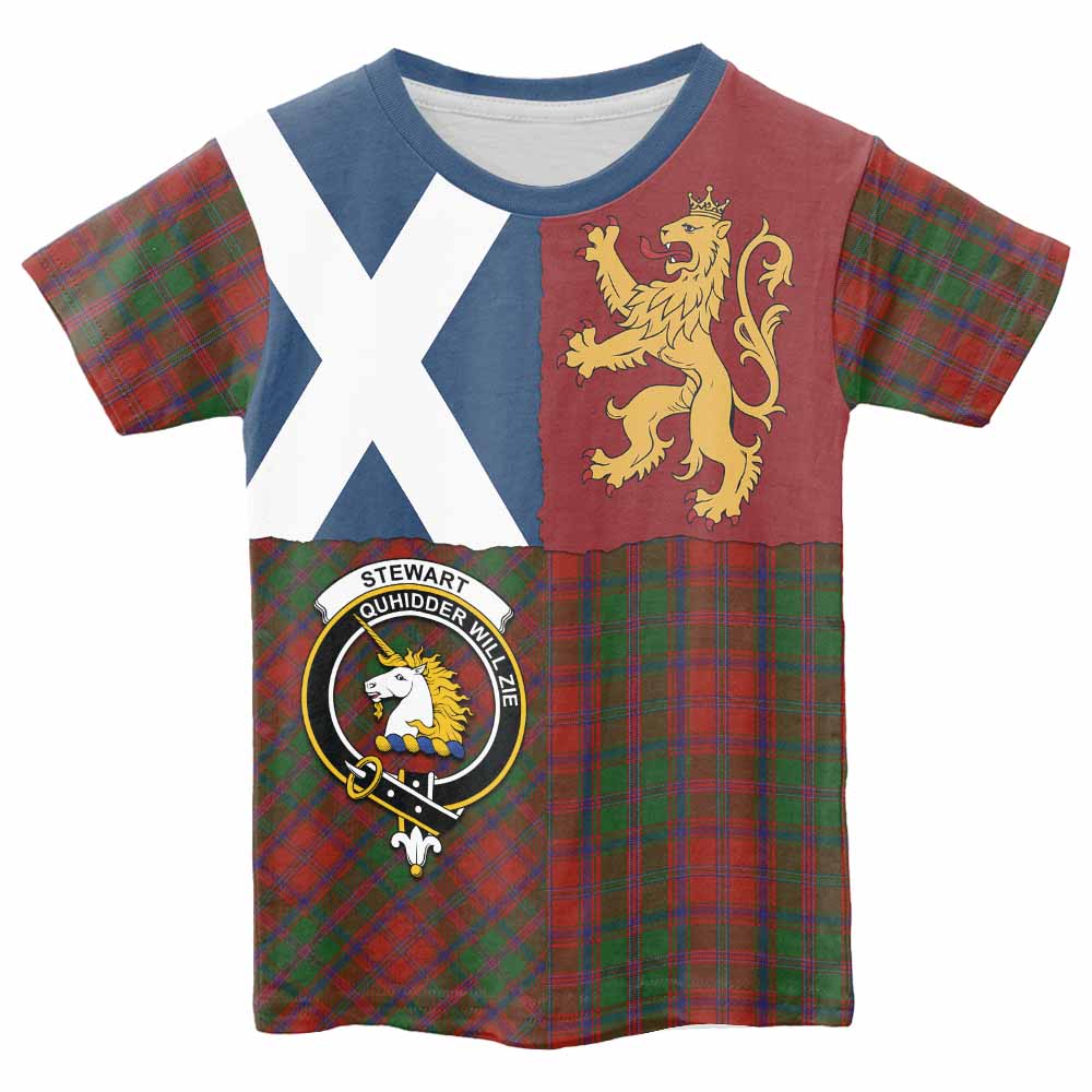 Stewart (Stuart) of Appin Crest Tartan Kid T-shirt with Lion Rampant Saltire Style - Tartan Vibes Clothing