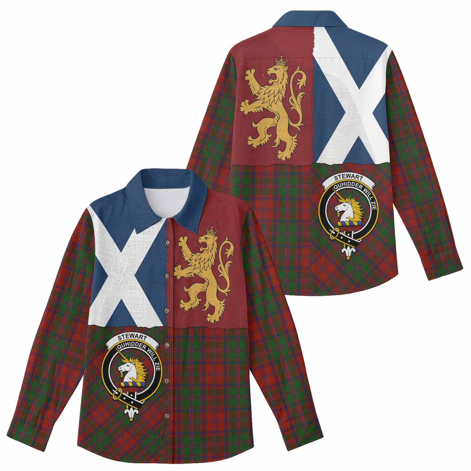 Stewart (Stuart) of Appin Crest Tartan Women Casual Shirt with Lion Rampant Saltire Style
