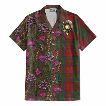 Stewart (Stuart) of Appin Family Crest Tartan Cotton Hawaiian Shirt Scottish Thistle Flower Pattern Half Style