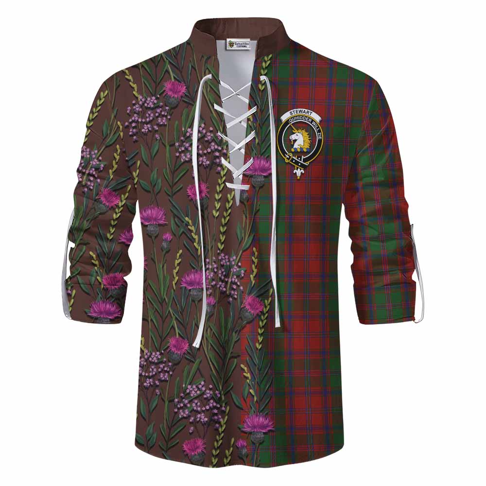 Stewart (Stuart) of Appin Family Crest Tartan Ghillie Shirt Scottish Thistle Flower Pattern Half Style - Tartan Vibes Clothing