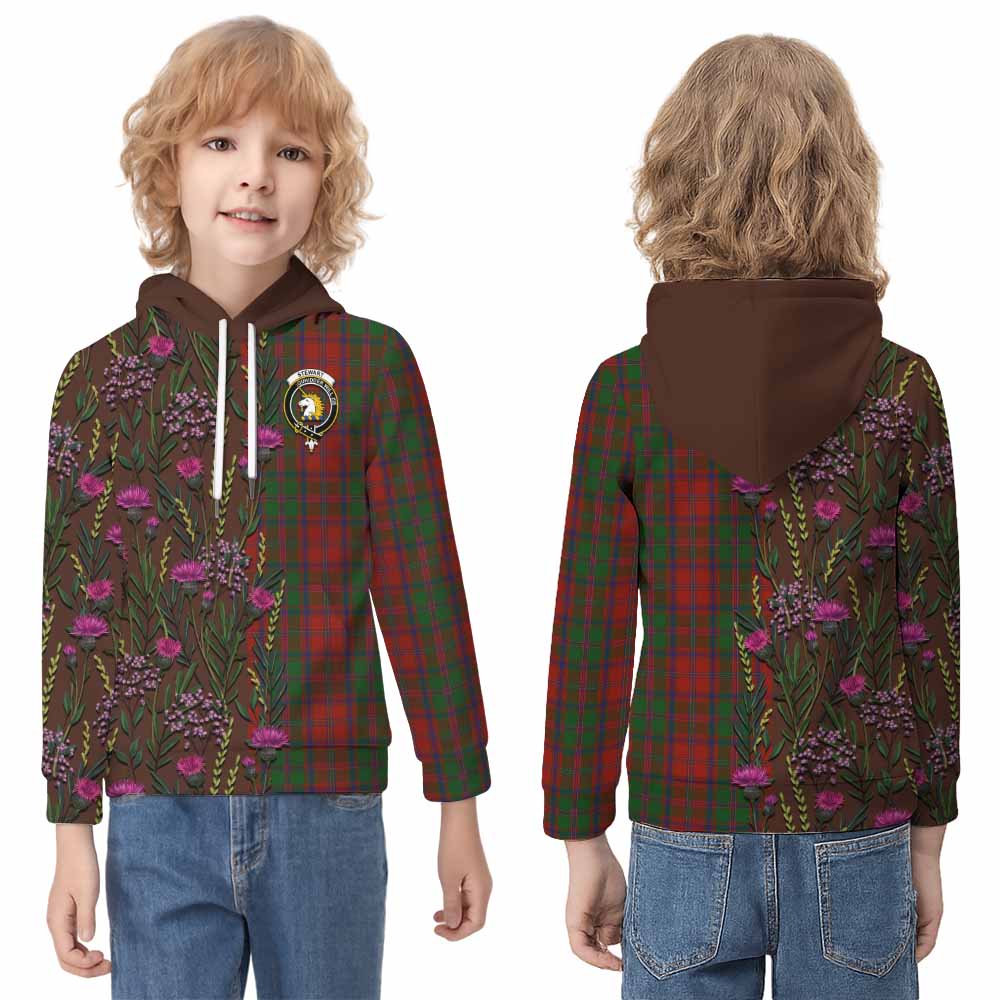 Stewart (Stuart) of Appin Family Crest Tartan Kid Hoodie Scottish Thistle Flower Pattern Half Style - Tartan Vibes Clothing