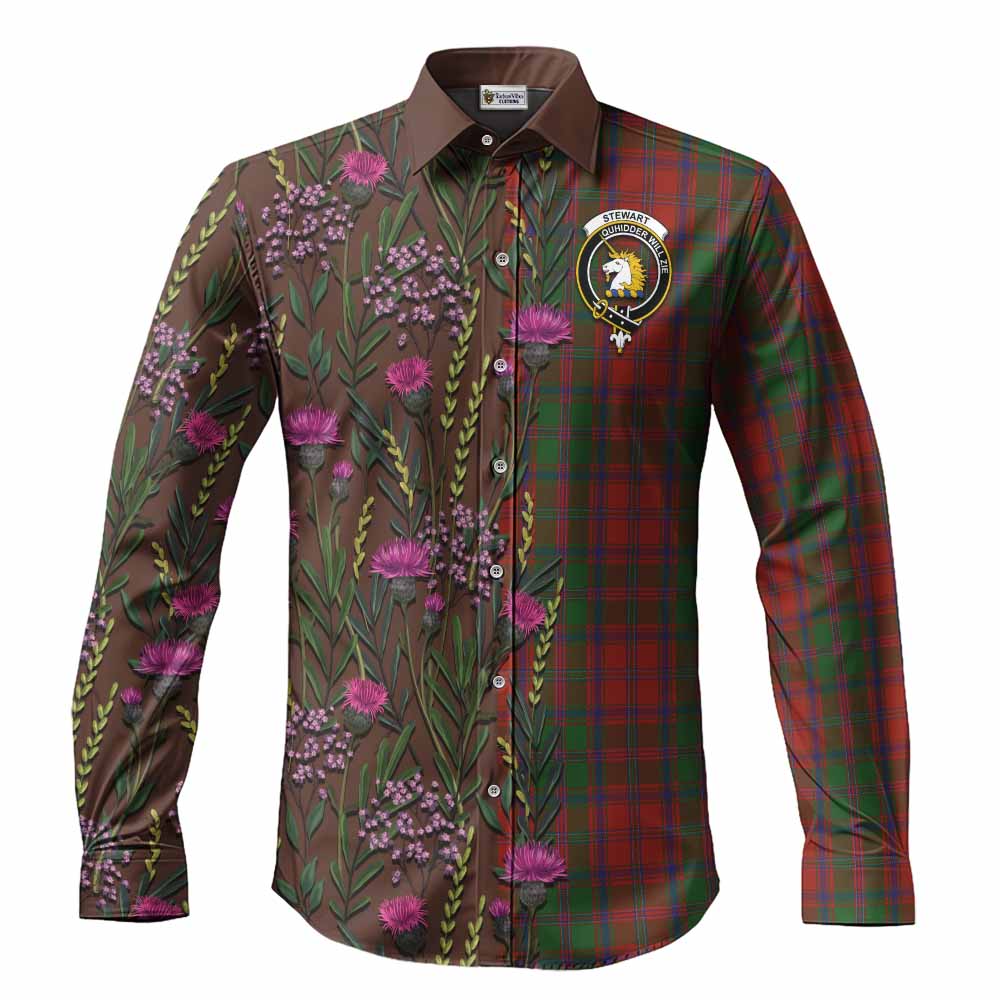 Stewart (Stuart) of Appin Family Crest Tartan Long Sleeve Button Shirts Scottish Thistle Flower Pattern Half Style - Tartan Vibes Clothing