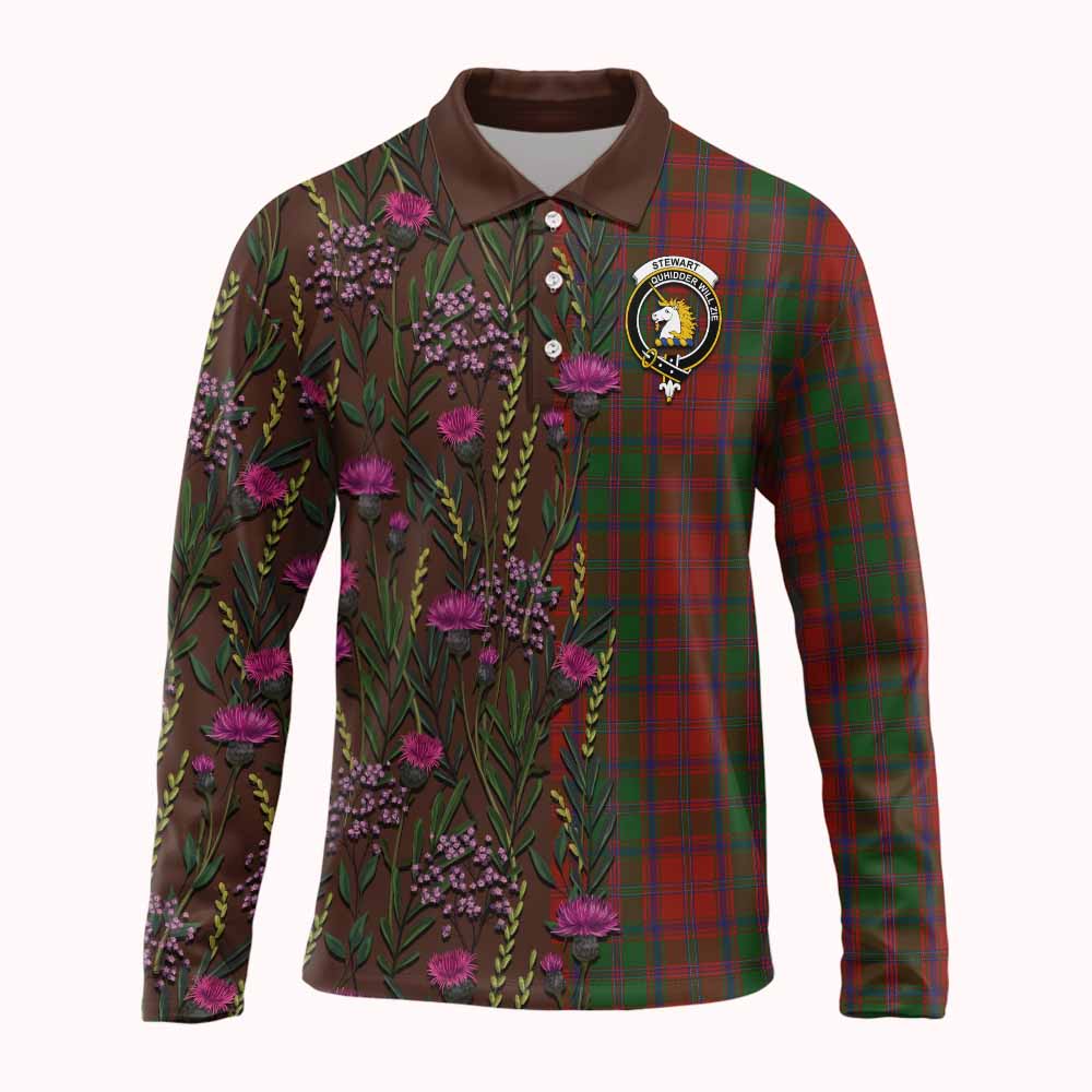 Stewart (Stuart) of Appin Family Crest Tartan Long Sleeve Polo Shirt Scottish Thistle Flower Pattern Half Style - Tartan Vibes Clothing