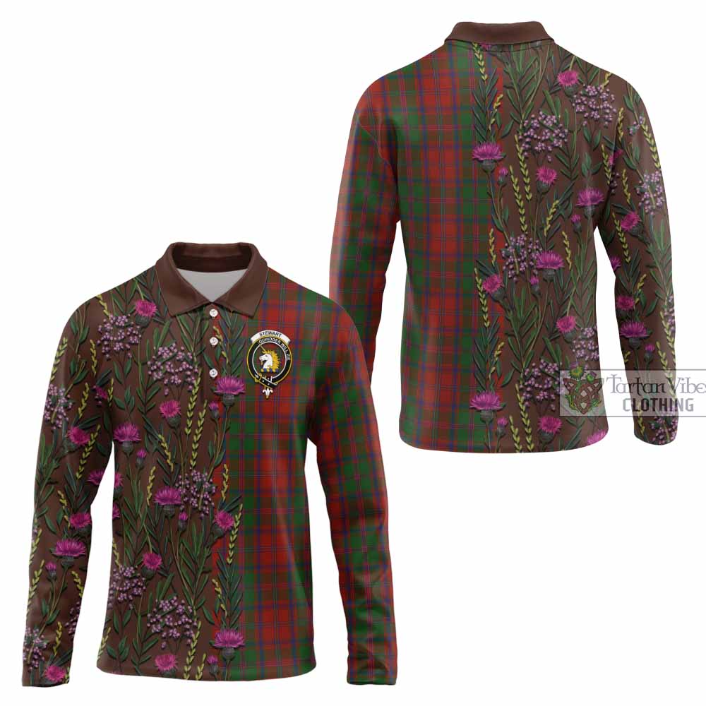 Stewart (Stuart) of Appin Family Crest Tartan Long Sleeve Polo Shirt Scottish Thistle Flower Pattern Half Style - Tartan Vibes Clothing