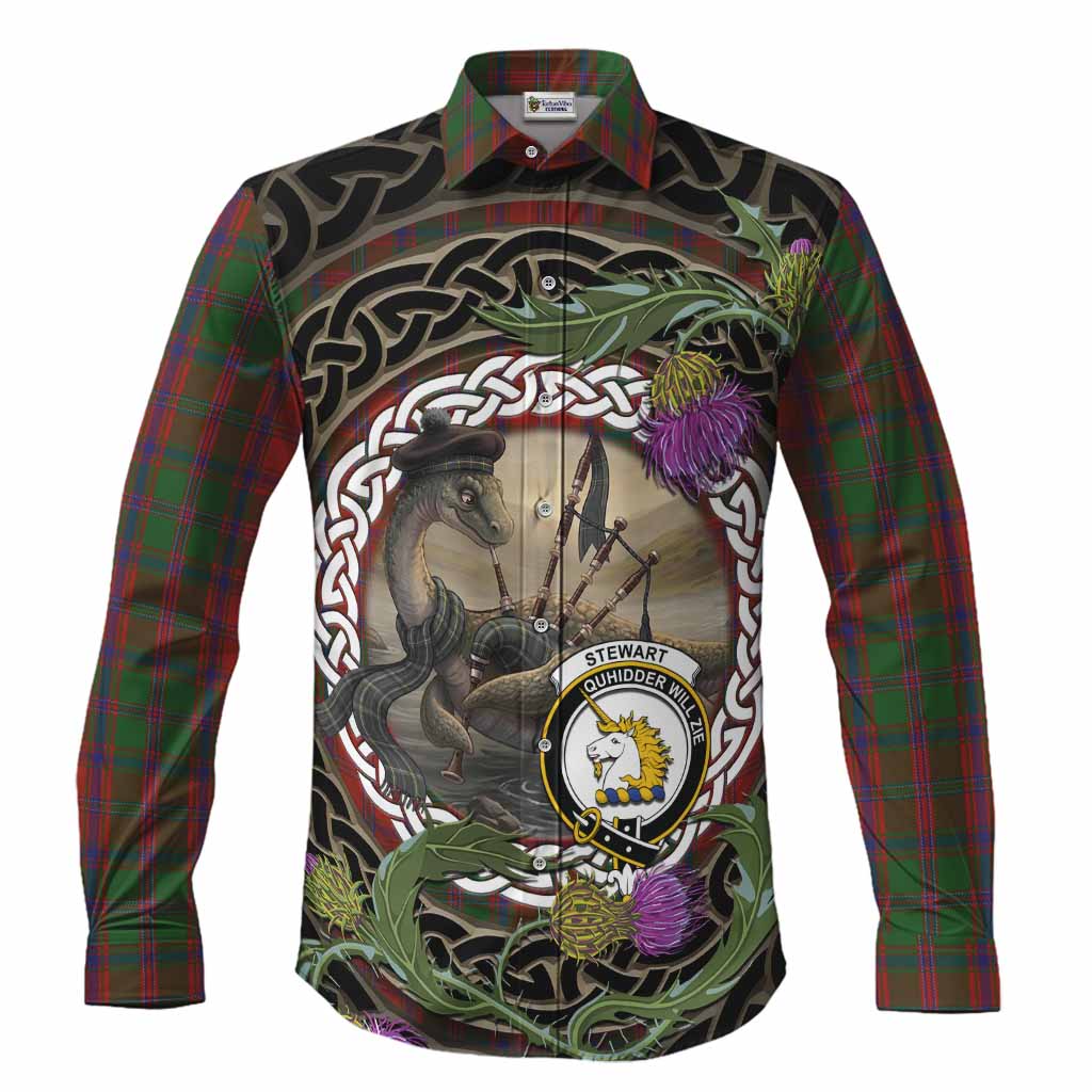 Stewart (Stuart) of Appin Tartan Crest Bagpipe Nessie Long Sleeve Button Shirts Scottish Loch Ness Monster Celtic Thistle