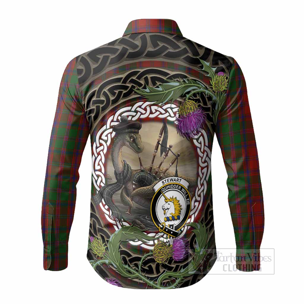 Stewart (Stuart) of Appin Tartan Crest Bagpipe Nessie Long Sleeve Button Shirts Scottish Loch Ness Monster Celtic Thistle