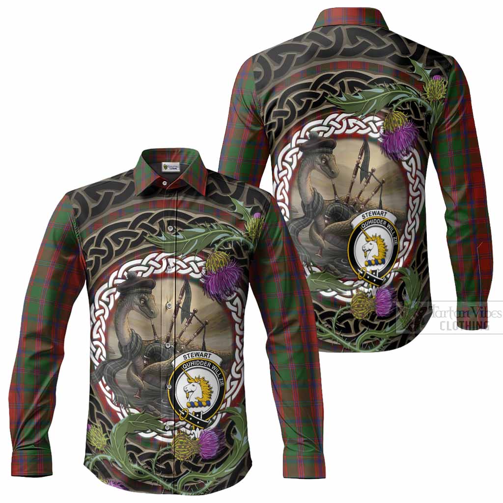 Stewart (Stuart) of Appin Tartan Crest Bagpipe Nessie Long Sleeve Button Shirts Scottish Loch Ness Monster Celtic Thistle