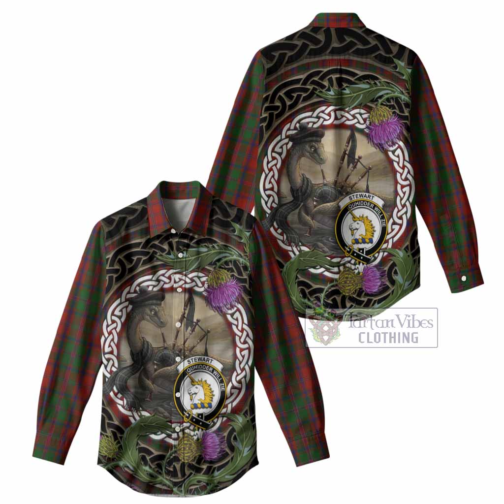 Stewart (Stuart) of Appin Tartan Crest Bagpipe Nessie Women Casual Shirt Scottish Loch Ness Monster Celtic Thistle