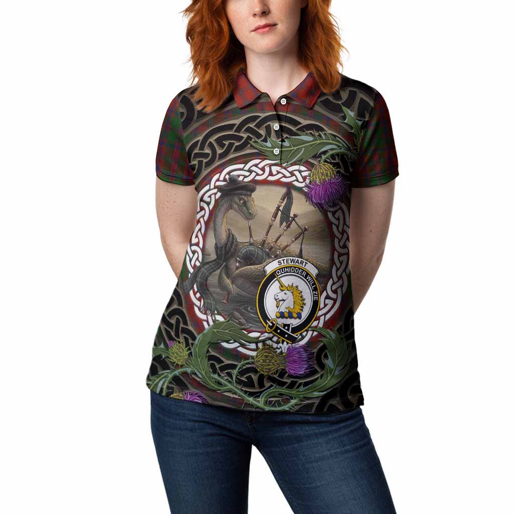 Stewart (Stuart) of Appin Tartan Crest Bagpipe Nessie Women Polo Shirt Scottish Loch Ness Monster Celtic Thistle