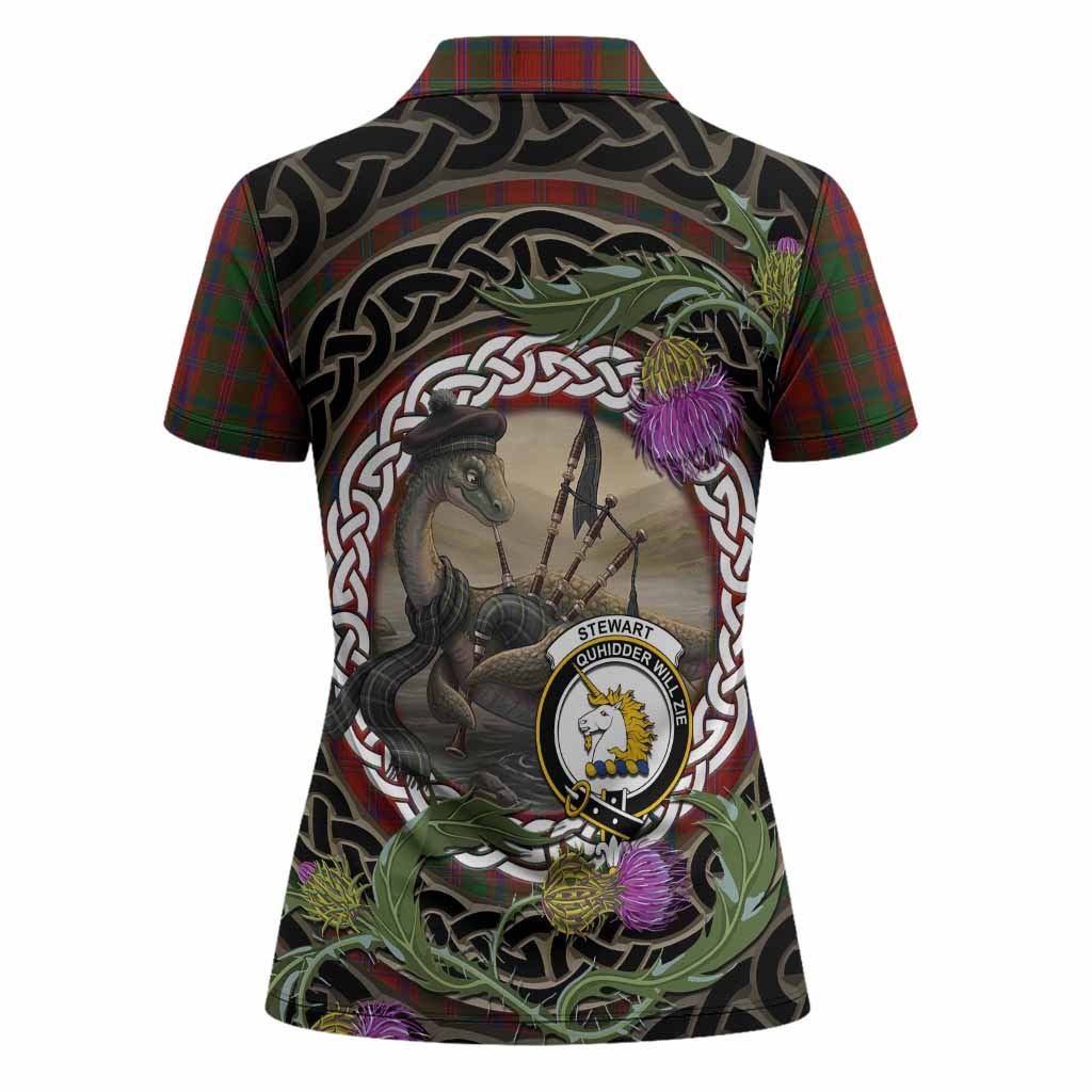 Stewart (Stuart) of Appin Tartan Crest Bagpipe Nessie Women Polo Shirt Scottish Loch Ness Monster Celtic Thistle