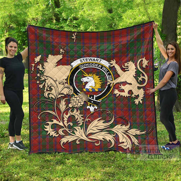 Stewart (Stuart) of Appin Tartan Crest Premium Quilt with Scottish Iconic Symbols 
