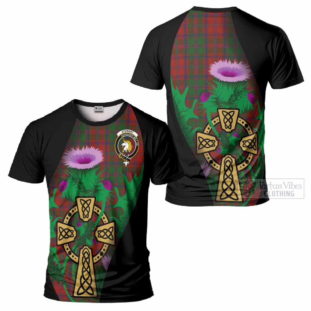 Stewart (Stuart) of Appin Tartan Crest T-Shirt Celtic Cross Thistle Flowers