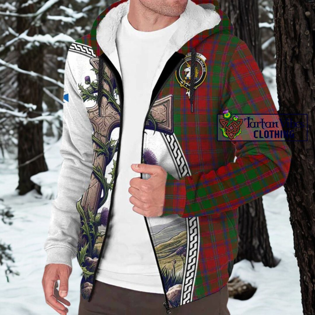 Stewart (Stuart) of Appin Tartan Sherpa Hoodie with Family Crest and St. Andrew's Cross Accented by Thistle Vines
