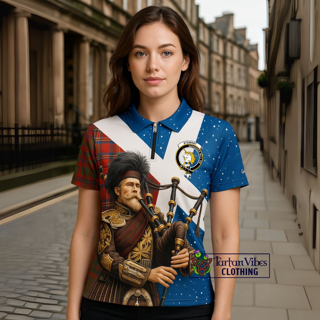 Stewart (Stuart) of Appin Tartan Zipper Polo Shirt with Family Crest Scottish Bagpiper Vibes