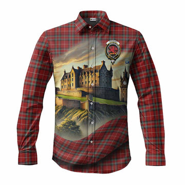 Tartan Vibes Clothing Stewart (Stuart) of Bute Tartan Family Crest Long Sleeve Button Shirt with Scottish Ancient Castle Style