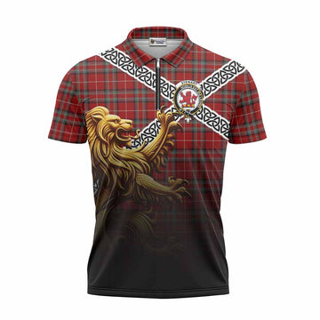 Stewart (Stuart) of Bute Crest Tartan Zipper Polo Shirt with Golden Lion Emblem Celtic Style Unisex - Tartan Vibes Clothing