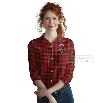 Stewart (Stuart) of Bute Tartan Women's Casual Shirt with Family Crest and Bearded Skull Holding Bottles of Whiskey Female - Tartan Vibes Clothing
