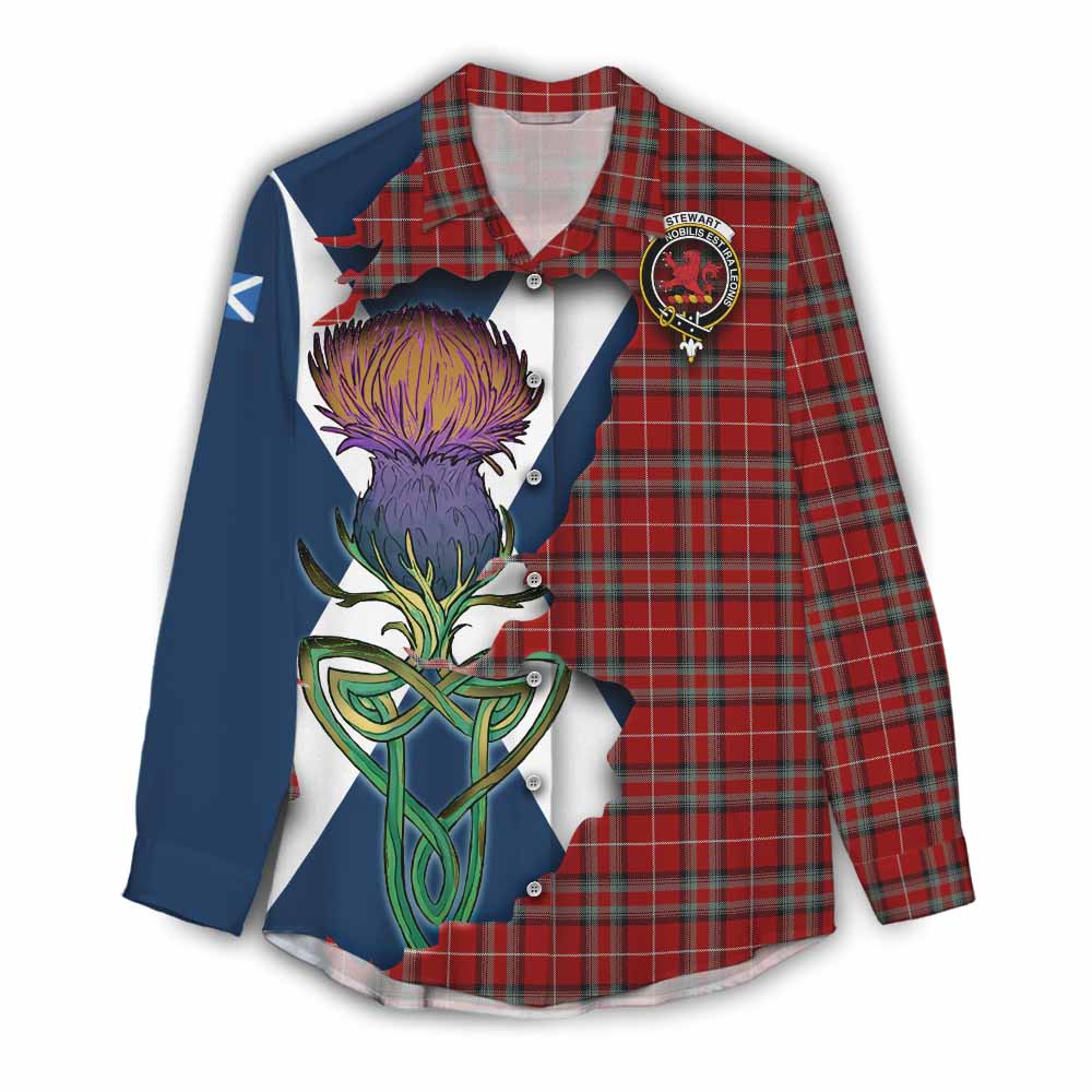 Tartan Vibes Clothing Stewart (Stuart) of Bute Tartan Family Crest Women's Casual Shirt Scottish Thistle Celtic Inspired