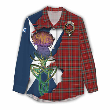 Tartan Vibes Clothing Stewart (Stuart) of Bute Tartan Family Crest Women's Casual Shirt Scottish Thistle Celtic Inspired