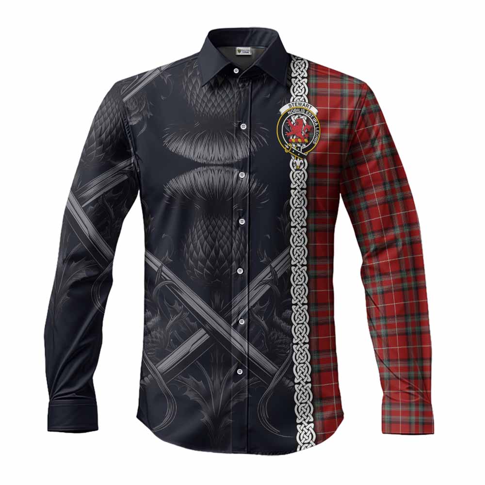 Tartan Vibes Clothing Stewart (Stuart) of Bute Tartan Long Sleeve Button Shirt with Family Crest Cross Sword Thistle Celtic Vibes