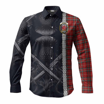 Tartan Vibes Clothing Stewart (Stuart) of Bute Tartan Long Sleeve Button Shirt with Family Crest Cross Sword Thistle Celtic Vibes