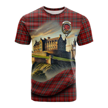 Tartan Vibes Clothing Stewart (Stuart) of Bute Tartan Family Crest Cotton T-shirt with Scottish Ancient Castle Style