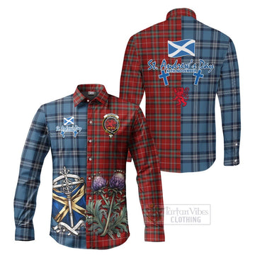 Stewart (Stuart) of Bute Tartan Long Sleeve Button Shirt Happy St. Andrew's Day Half Tartan Style Men's Shirt S - Tartan Vibes Clothing