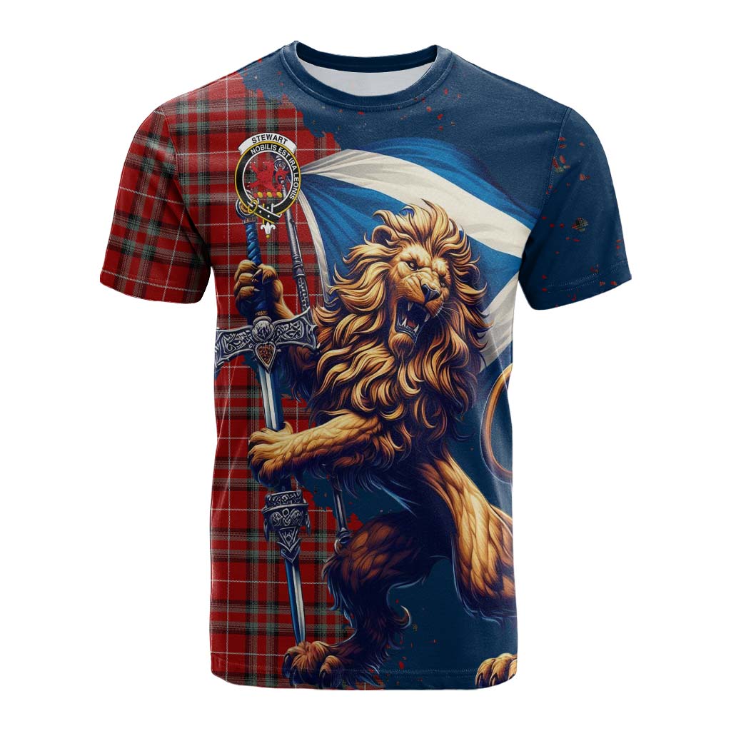 Tartan Vibes Clothing Stewart (Stuart) of Bute Tartan Family Crest Cotton T-shirt with Scottish Majestic Lion