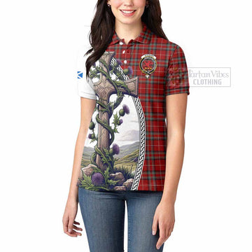 Stewart (Stuart) of Bute Tartan Women's Polo Shirt with Family Crest and St. Andrew's Cross Accented by Thistle Vines - Tartan Vibes Clothing