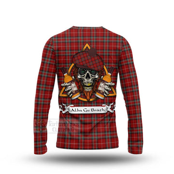 Stewart (Stuart) of Bute Tartan Long Sleeve T-Shirt with Family Crest and Bearded Skull Holding Bottles of Whiskey - Tartan Vibes Clothing
