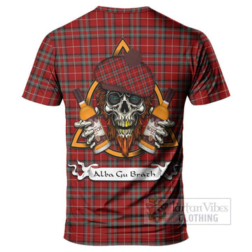 Stewart (Stuart) of Bute Tartan T-Shirt with Family Crest and Bearded Skull Holding Bottles of Whiskey - Tartan Vibes Clothing