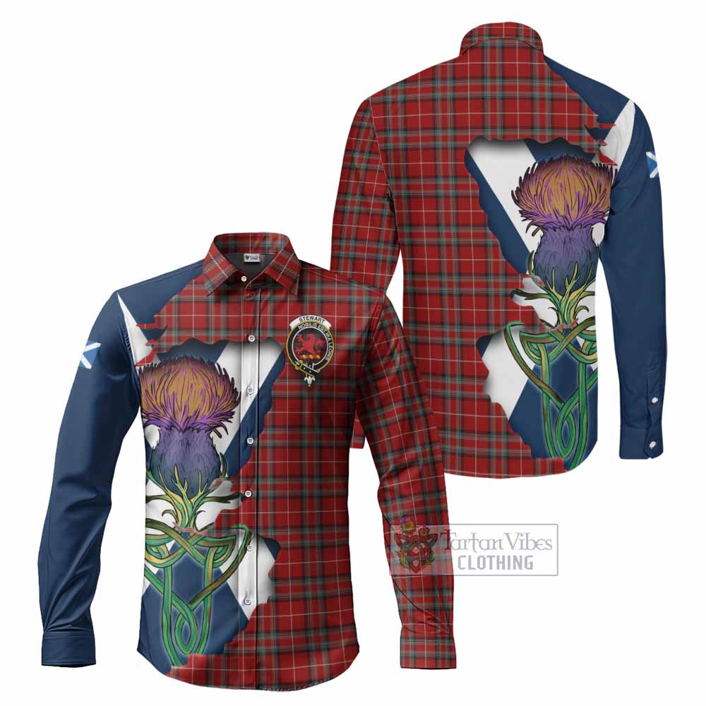 Tartan Vibes Clothing Stewart (Stuart) of Bute Tartan Family Crest Long Sleeve Button Shirt Scottish Thistle Celtic Inspired
