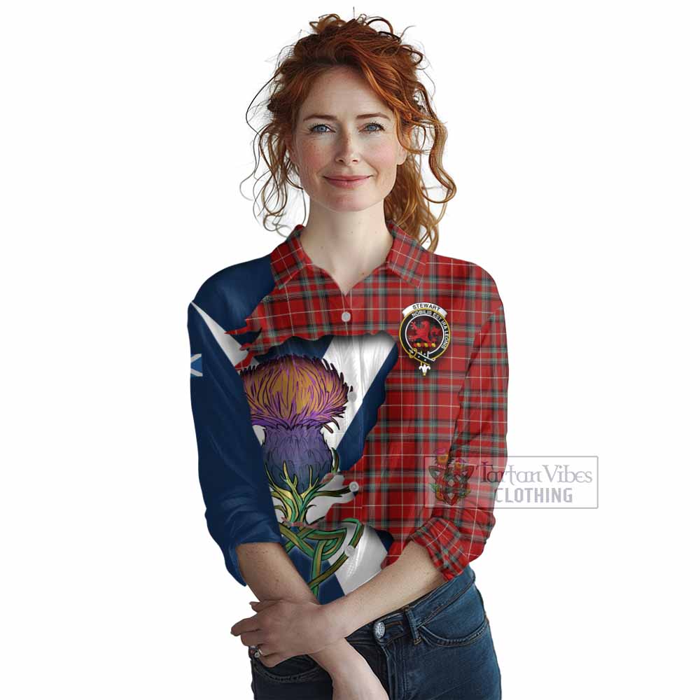 Tartan Vibes Clothing Stewart (Stuart) of Bute Tartan Family Crest Women's Casual Shirt Scottish Thistle Celtic Inspired