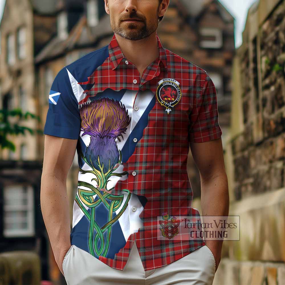 Tartan Vibes Clothing Stewart (Stuart) of Bute Tartan Family Crest Short Sleeve Button Shirt Scottish Thistle Celtic Inspired