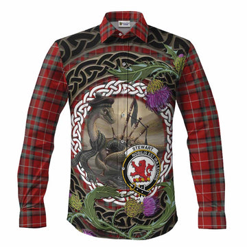 Stewart (Stuart) of Bute Tartan Crest Bagpipe Nessie Long Sleeve Button Shirts Scottish Loch Ness Monster Celtic Thistle