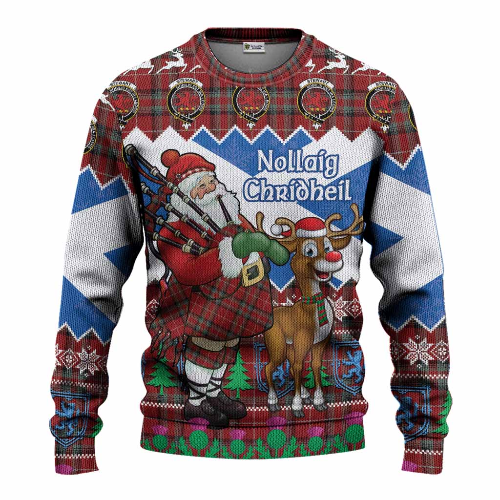 Stewart (Stuart) of Bute Tartan Crest Christmas Christmas Ugly Sweater Scotland Santa With Bagpipes Cute Reindeer