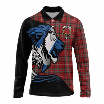 Stewart (Stuart) of Bute Tartan Crest Long Sleeve Polo Shirt Scottish Golden Lions Wave Flow