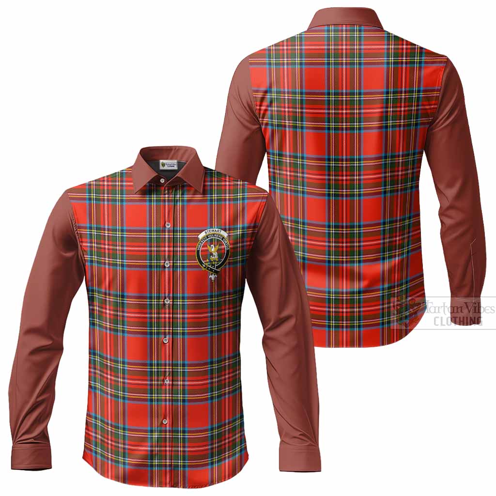 Stewart (Stuart) Tartan Accent Long Sleeve Button Shirts with Family Crest