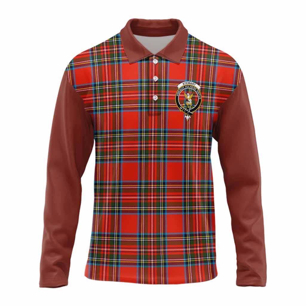 Stewart (Stuart) Tartan Accent Long Sleeve Polo Shirt with Family Crest