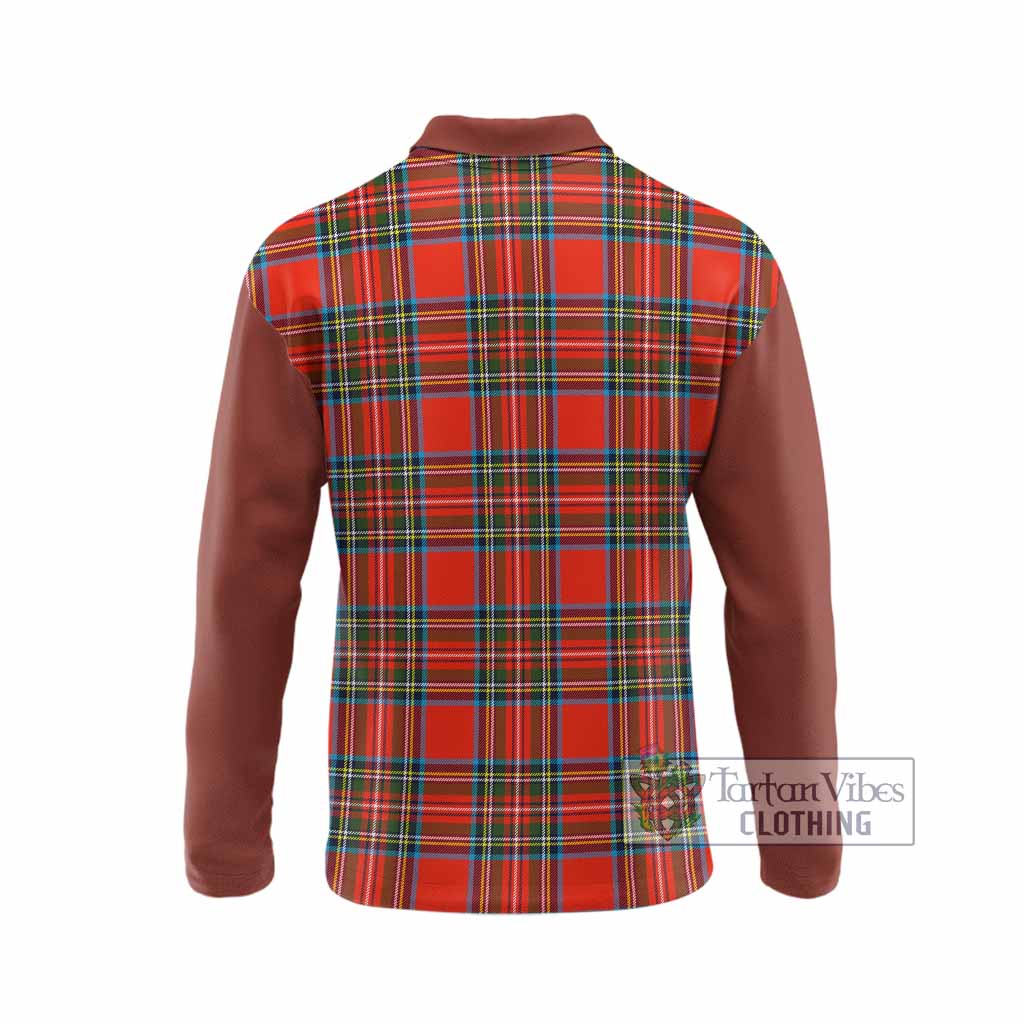 Stewart (Stuart) Tartan Accent Long Sleeve Polo Shirt with Family Crest