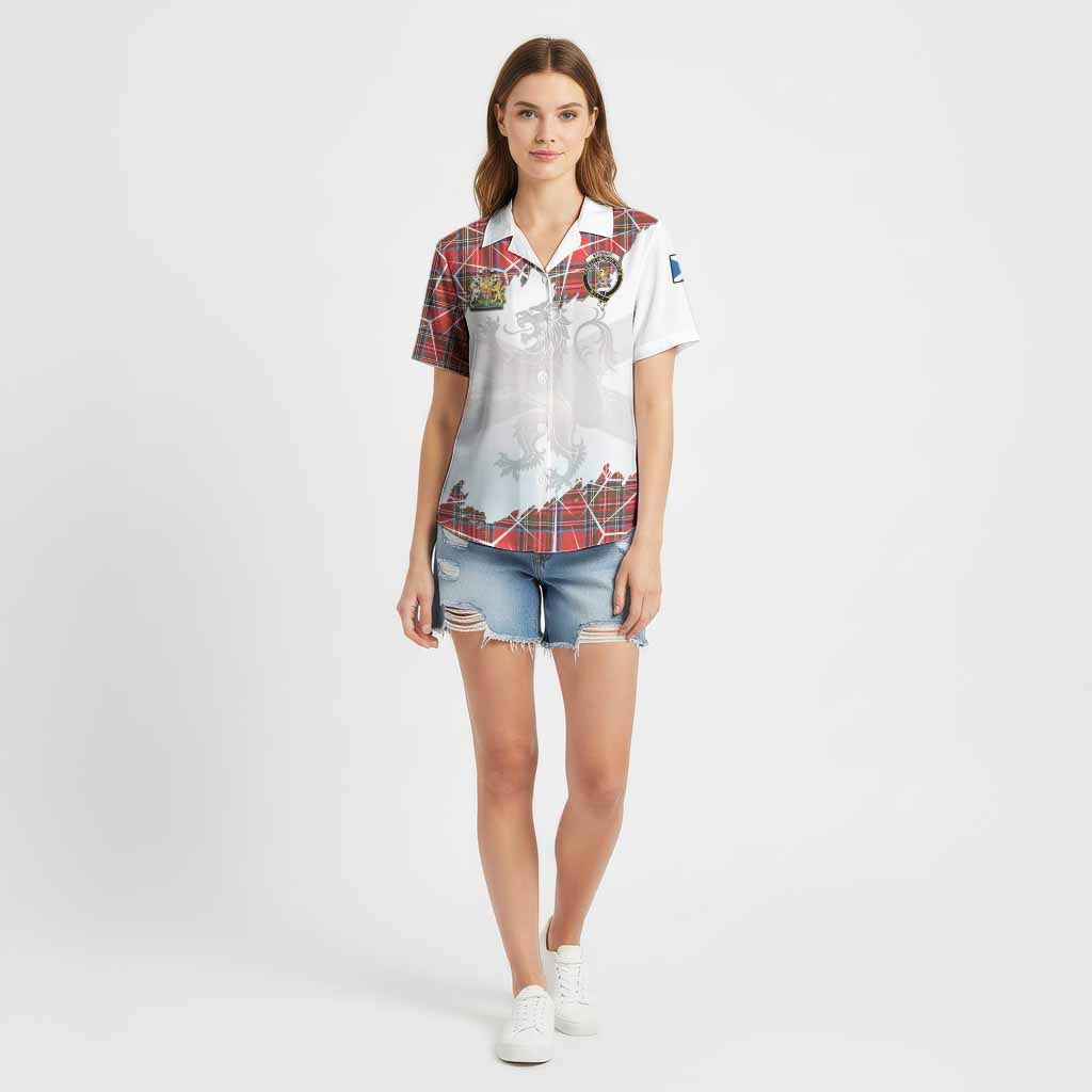 Stewart (Stuart) Tartan Cotton Hawaiian Shirt with Family Crest and Lion Rampant Grunge Style