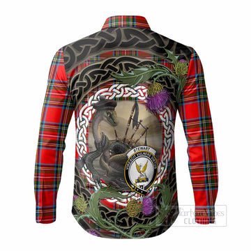 Stewart (Stuart) Tartan Crest Bagpipe Nessie Long Sleeve Button Shirts Scottish Loch Ness Monster Celtic Thistle