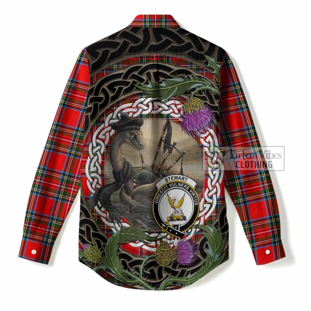 Stewart (Stuart) Tartan Crest Bagpipe Nessie Women Casual Shirt Scottish Loch Ness Monster Celtic Thistle