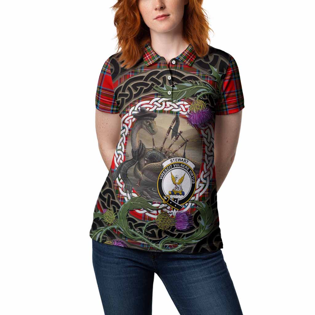 Stewart (Stuart) Tartan Crest Bagpipe Nessie Women Polo Shirt Scottish Loch Ness Monster Celtic Thistle