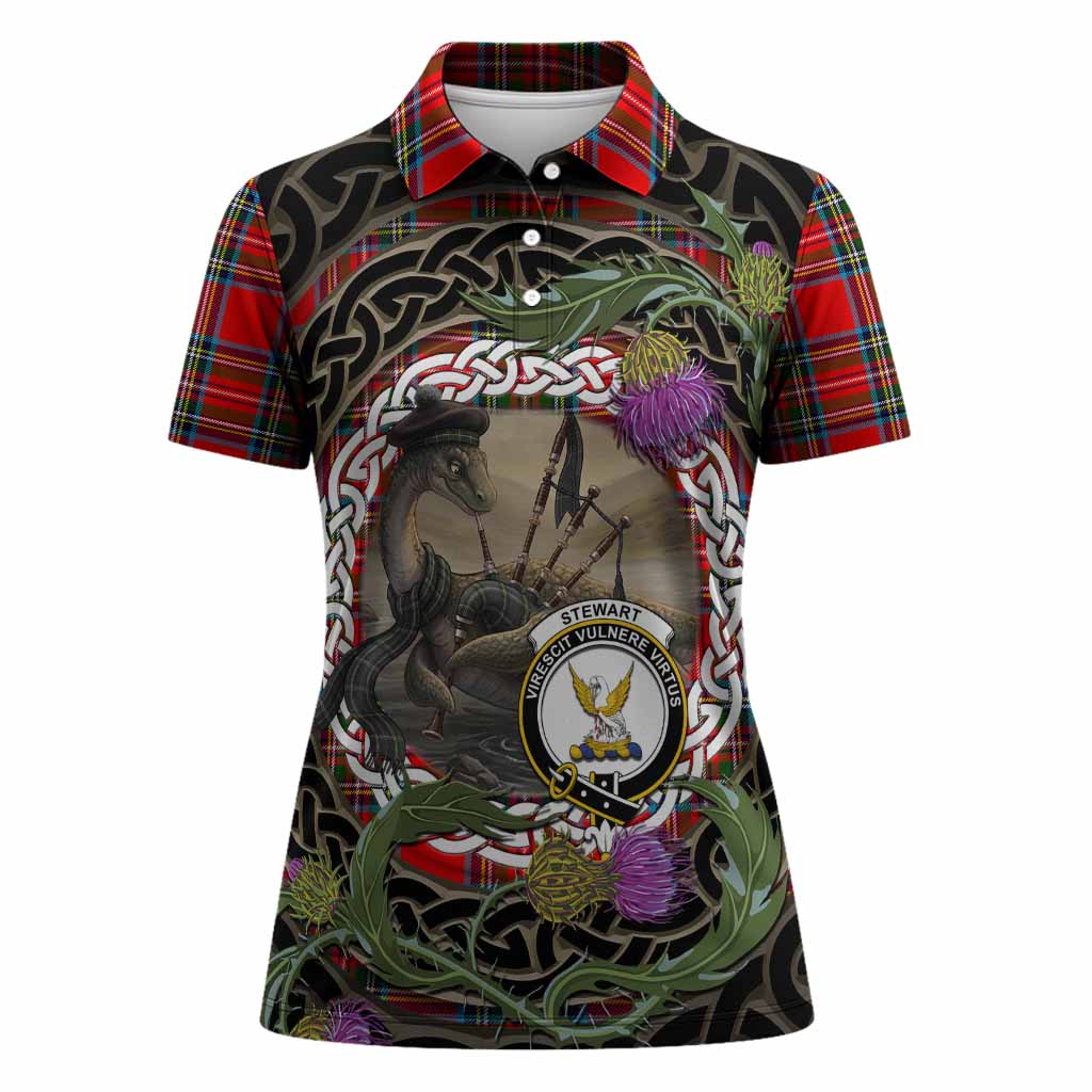 Stewart (Stuart) Tartan Crest Bagpipe Nessie Women Polo Shirt Scottish Loch Ness Monster Celtic Thistle