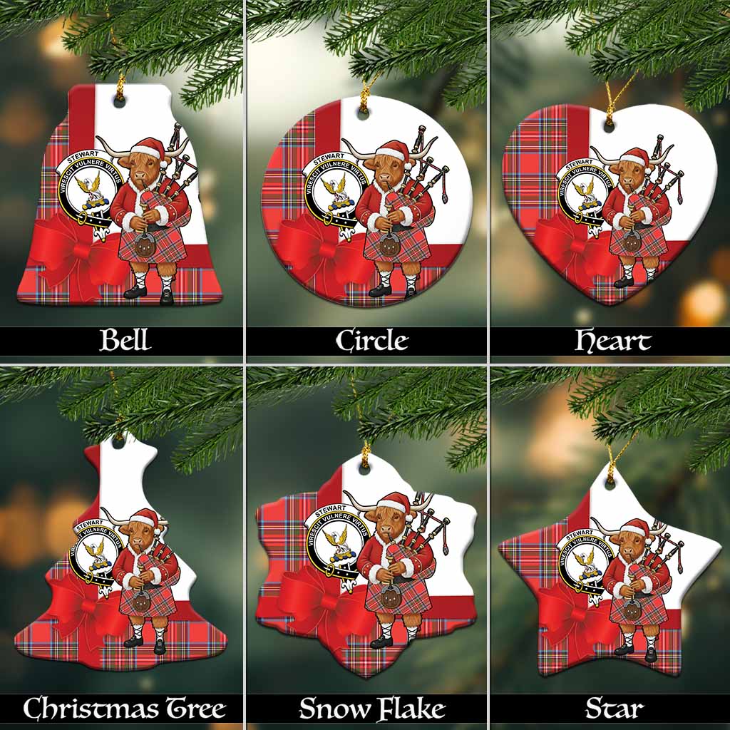 Stewart (Stuart) Tartan Crest Christmas Ceramic Ornament Highland Cow Bagpipes Coquette Bow Style