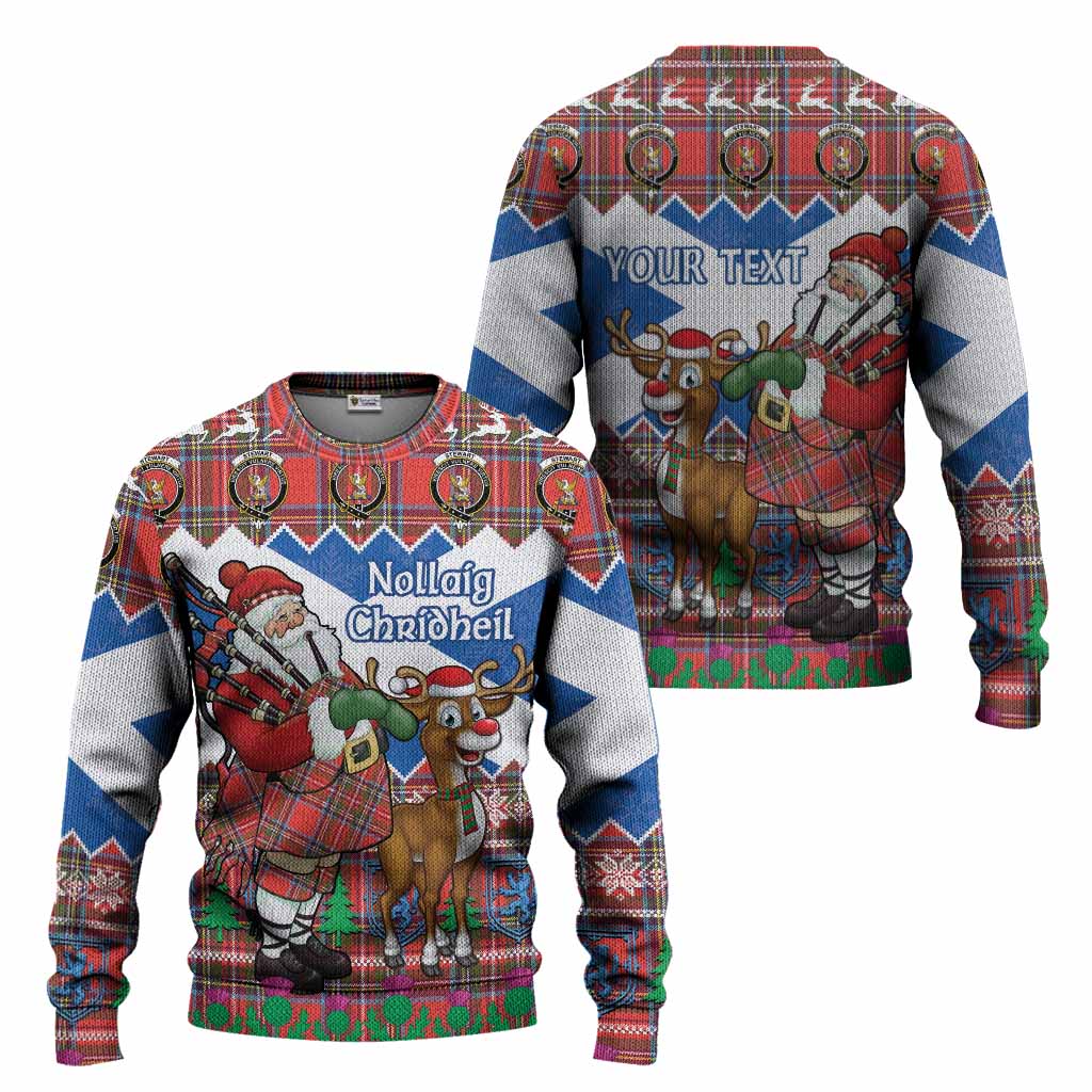 Stewart (Stuart) Tartan Crest Christmas Christmas Ugly Sweater Scotland Santa With Bagpipes Cute Reindeer