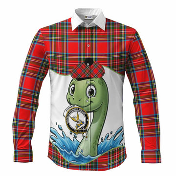 Stewart (Stuart) Tartan Crest Cute Nessie Long Sleeve Button Shirts Scottish Loch Ness Monster