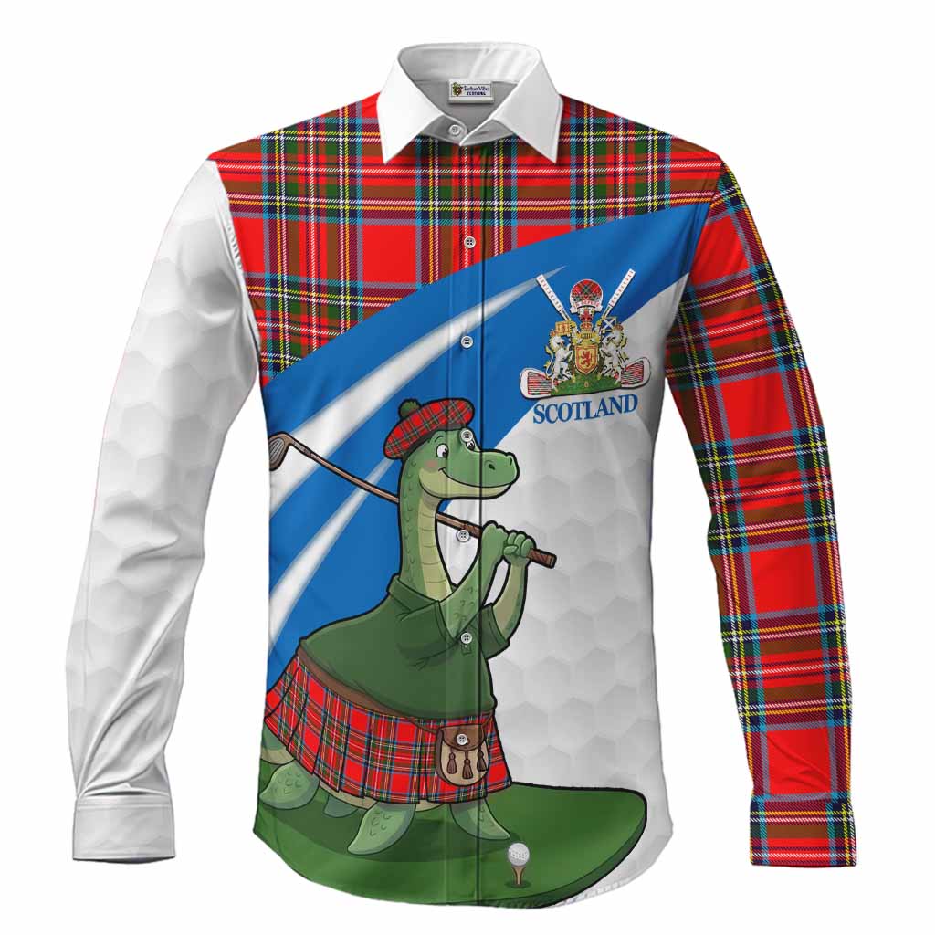 Stewart (Stuart) Tartan Crest Golf Nessie Long Sleeve Button Shirts Loch Ness Monster Sporty Style