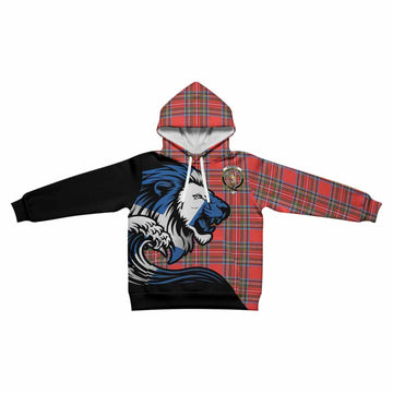 Stewart (Stuart) Tartan Crest Kid Hoodie Scottish Golden Lions Wave Flow